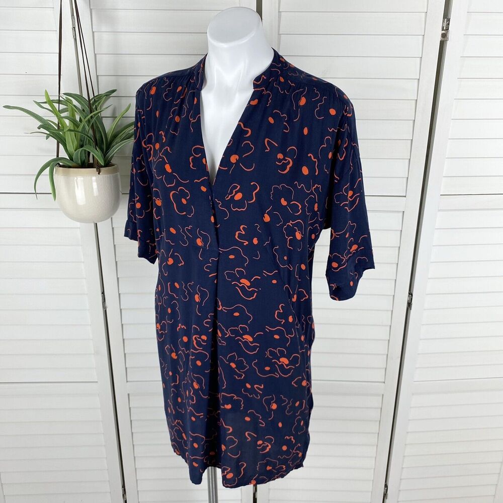 Whistles Luna Magnolia Print Dress V Neck Blue Floral Short Dolman Sleeve Size S